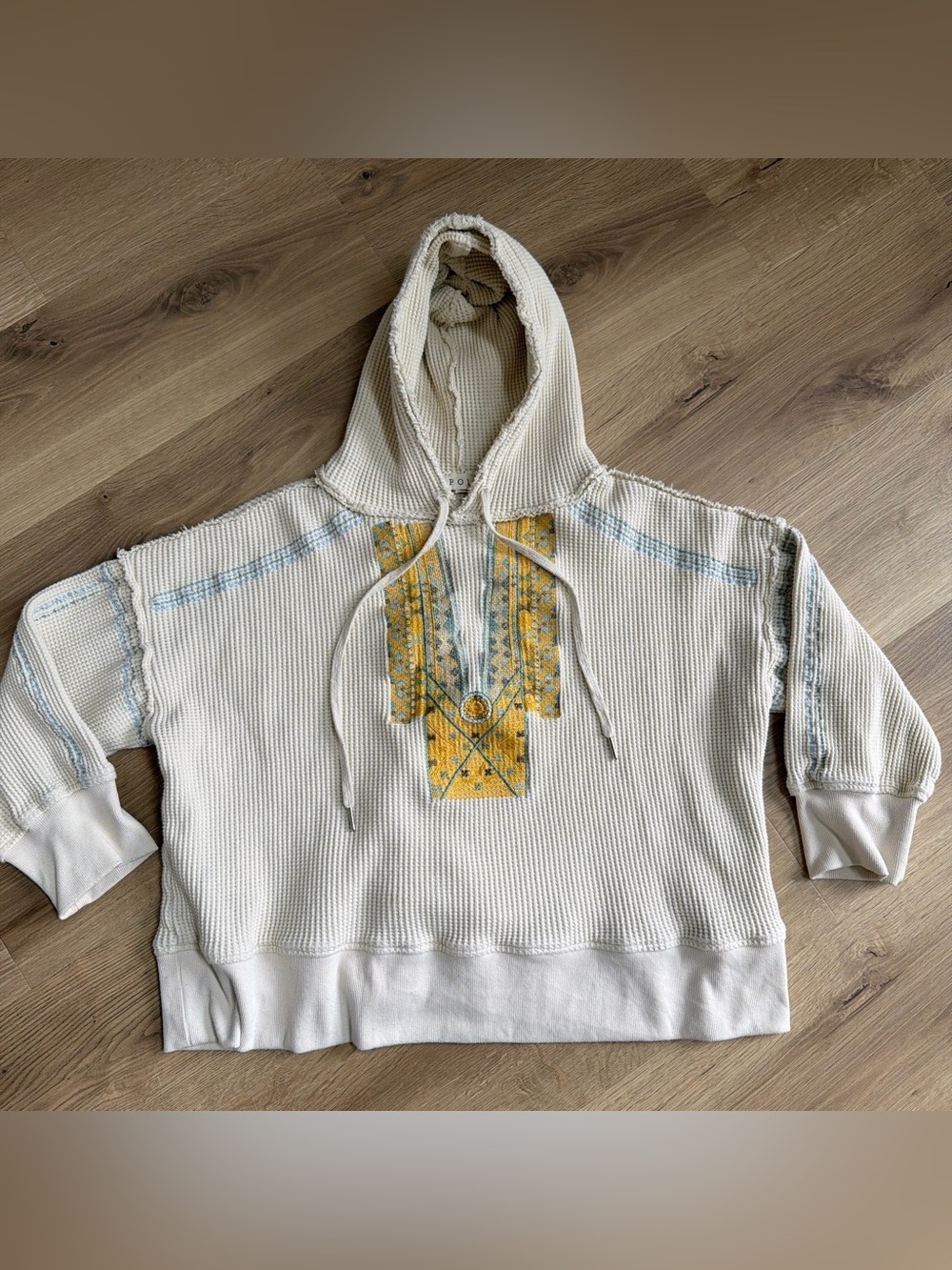 POL Cream Crewneck Hoodie with Yellow Embroidered Front Panel